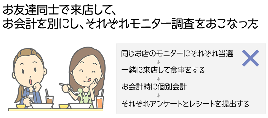 お友達同士で来店して、お会計を別にし、それぞれモニター調査をおこなった！